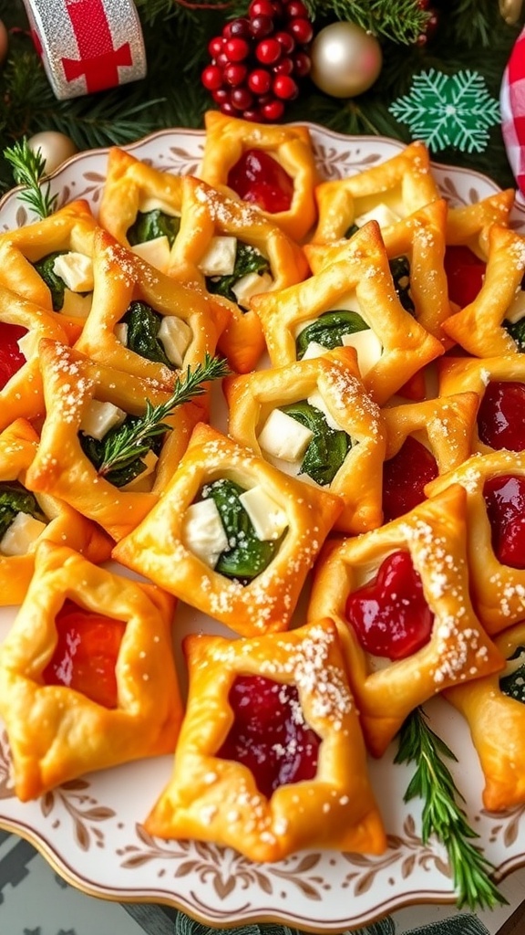 A colorful assortment of puff pastry appetizers filled with cheese, spinach, and fruit preserves on a festive platter.